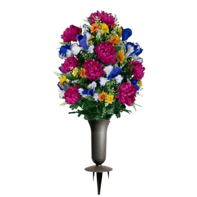 Product: Sympathy Silks Fuchsia Mums & Blue Iris Cemetery Flowers Bouquet with Vase - Artificial Gravesite Decor