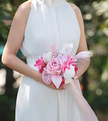Silky Flower Store Hot Pink Bridesmaid Bouquet Artificial Flowers Set of 4, BENCENTRE 7 Inch, Silk Roses Pampas Grass 18 Inch Ribbon 8 8 Product: BENCENTRE 7 Inch Hot Pink Bridesmaid Bouquet for Wedding, Set of 4, Small Wedding Bouquet,for Marriage Proposal Party and Vintage Wedding Ceremony Anniversary,Artificial Flowers