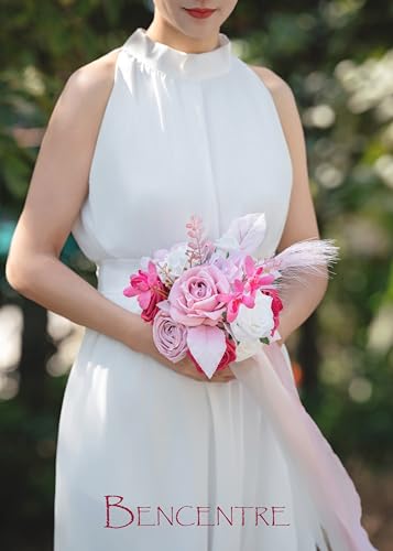 Silky Flower Store Hot Pink Bridesmaid Bouquet Artificial Flowers Set of 4, BENCENTRE 7 Inch, Silk Roses Pampas Grass 18 Inch Ribbon 1 1 Product: BENCENTRE 7 Inch Hot Pink Bridesmaid Bouquet for Wedding, Set of 4, Small Wedding Bouquet,for Marriage Proposal Party and Vintage Wedding Ceremony Anniversary,Artificial Flowers