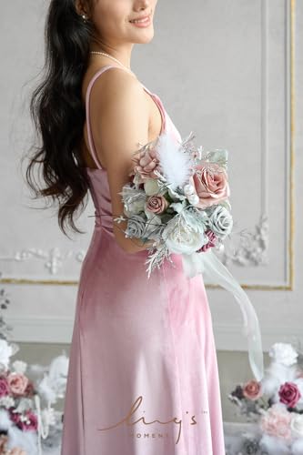 Silky Flower Store Dusty Gray Bridesmaid Bouquet Set of 4, Artificial Silk Foam Wedding Flowers, 7 Inch Bridesmaid Bouquets 7 Inch 1 1 Product: Ling's Moment Artificial Flowers Dusty & Gray Bridesmaid Bouquet Set of 4, Gray Wedding Flowers Bouquets for Bridesmaids, 7 Inch Bridal Bouquets for Bridesmaids, Wedding, etc