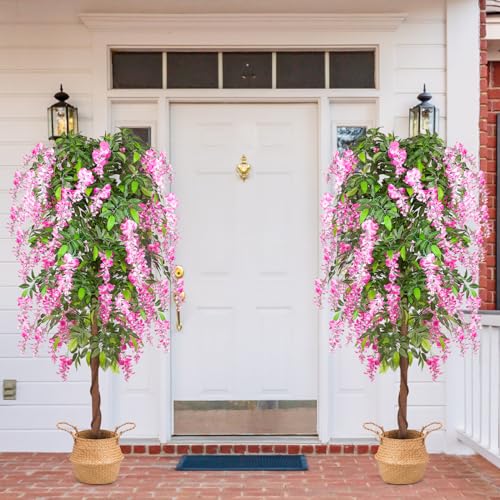 Silky Flower Store 6ft Artificial Wisteria Tree, Faux Floral Tree with Woven Seagrass Basket, Lifelike Indoor Outdoor Decor 6ft 5 5 Product: 6ft Artificial Tree Plants, Fake Wisteria Tree with Woven Seagrass Basket for Indoor Outdoor Home Decor Office Living Room Porch Patio Perfect Housewarming Gift (1)