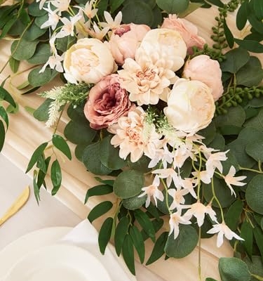 Silky Flower Store Artificial Eucalyptus Willow Leaf Garland with Flowers, Peony Rose Vine Wall Hanging, 8ft 10 10 Product: MISSPIN 8FT Eucalyptus and Willow Leaf Garland with Artificial Flowers Fake Flower Peony Rose Vine Greenery Decorative Wall Hanging Plant for Spring Wedding Arch Door Arrangement Party Decor