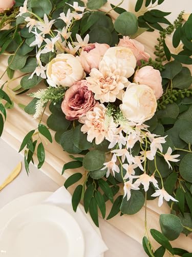 Silky Flower Store Artificial Eucalyptus Willow Leaf Garland with Flowers, Peony Rose Vine Wall Hanging, 8ft 2 2 Product: MISSPIN 8FT Eucalyptus and Willow Leaf Garland with Artificial Flowers Fake Flower Peony Rose Vine Greenery Decorative Wall Hanging Plant for Spring Wedding Arch Door Arrangement Party Decor