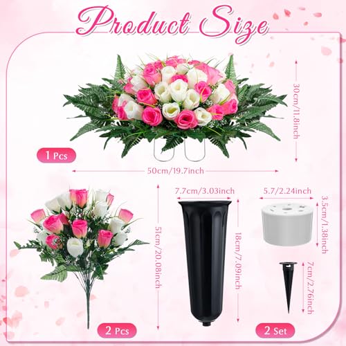 Product: XunYee 3 Pcs Artificial Cemetery Flower Set Cemetery Flowers Saddle Flowers Rose Bouquets with Vase 1 Saddle and 2 Memorial Bouquets for Outdoor Headstone Decor Grave(Pink, White)