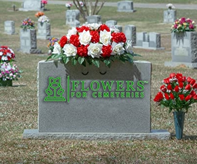 Product: Sympathy Silks Artificial Cemetery Flowers - Realistic - Outdoor Grave Decorations - Non-Bleed Colors, and Easy Fit - Cream Open Rose with Red Mum Saddle for Headstone