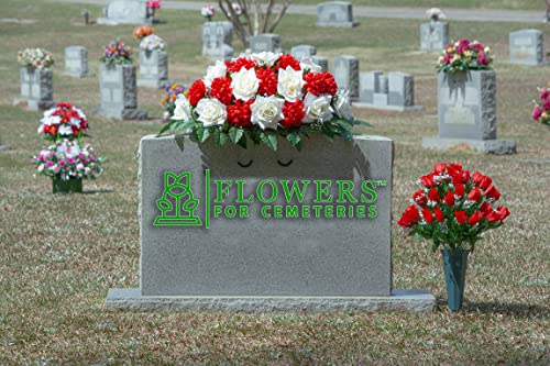 Product: Sympathy Silks Artificial Cemetery Flowers - Realistic - Outdoor Grave Decorations - Non-Bleed Colors, and Easy Fit - Cream Open Rose with Red Mum Saddle for Headstone