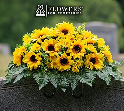 Silky Flower Store Artificial Cemetery Flowers, Yellow Sunflower Grave Saddle, Sympathy Headstone Decoration, 20.5cm 11 11 Product: Sympathy Silks Artificial Cemetery Flowers - Grave Flowers for Cemetery - Yellow Sunflower Saddle for Headstone