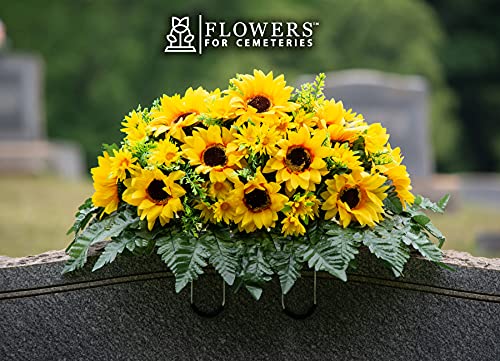 Silky Flower Store Artificial Cemetery Flowers, Yellow Sunflower Grave Saddle, Sympathy Headstone Decoration, 20.5cm 2 2 Product: Sympathy Silks Artificial Cemetery Flowers - Grave Flowers for Cemetery - Yellow Sunflower Saddle for Headstone