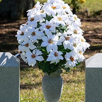 Product: Sympathy Silks Artificial Cemetery Flowers - Realistic - Outdoor Grave Decorations - White Christmas Poinsettias - 28" Tall