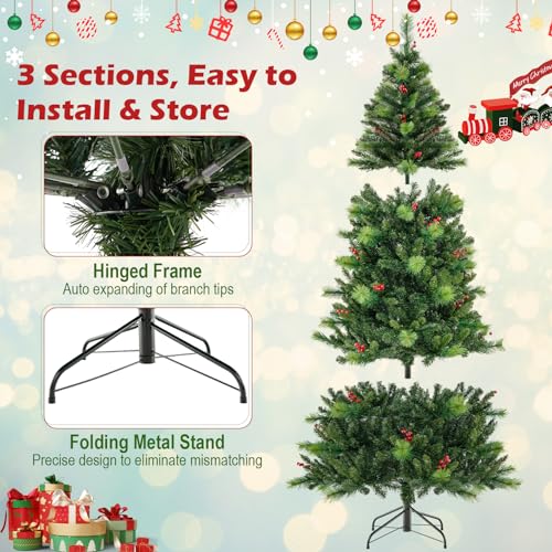 Product: HOMGX 7ft Pre-Lit Christmas Tree with 400 Multi-Color LED Lights, Hinged Xmas Pine Tree w/ 974 PVC Branch Tips, 36 Red Berries, Remote & Timer, 9 Lighting Modes Artificial Christmas Tree