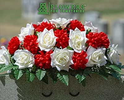 Product: Sympathy Silks Artificial Cemetery Flowers - Realistic - Outdoor Grave Decorations - Non-Bleed Colors, and Easy Fit - Cream Open Rose with Red Mum Saddle for Headstone