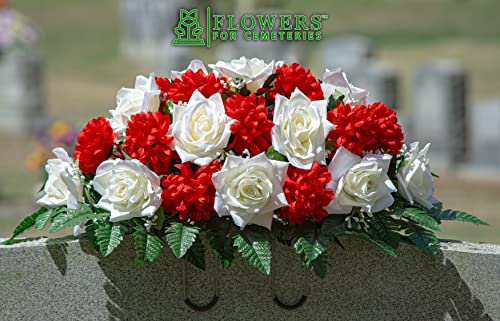 Product: Sympathy Silks Artificial Cemetery Flowers - Realistic - Outdoor Grave Decorations - Non-Bleed Colors, and Easy Fit - Cream Open Rose with Red Mum Saddle for Headstone