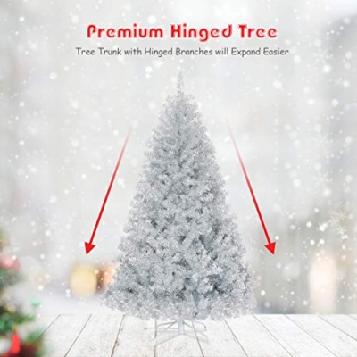 Silky Flower Store Silver Artificial Christmas Tree, 6ft Hinged Full Design, Electroplated Finish, Metal Stand, Indoor Outdoor 6ft 9 9 Product: 6ft Goplus Silver Artificial Christmas Tree - Hinged Full Design with Electroplated Finish & Metal Stand for Indoor/Outdoor Holiday Decor