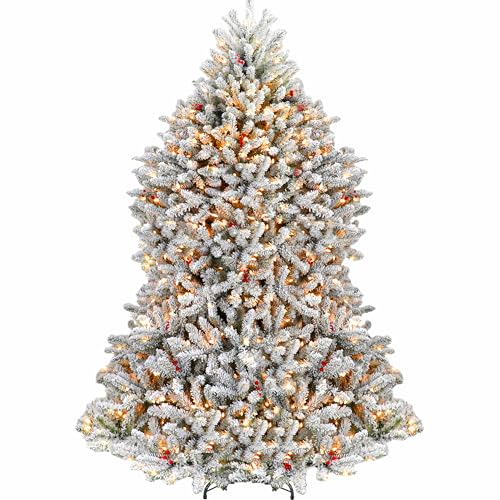 Product: Hykolity 6.5 ft Snow Flocked Prelit Christmas Tree, Artificial Christmas Tree with Pine Cones and Berries, 1854 PVC Branch Tips, 650 Warm White LED Lights, Metal Stand and Hinged Branches