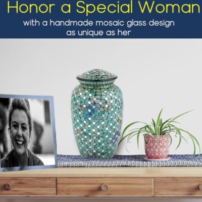 Product: Mosaic Glass Cremation Urn - Hand Made Funeral Urn for Human Ashes - Large Adult Size Burial Urn - Hand Applied Individual Tiles Create a one of a Kind Work of Art - 200 cu in (Blue)