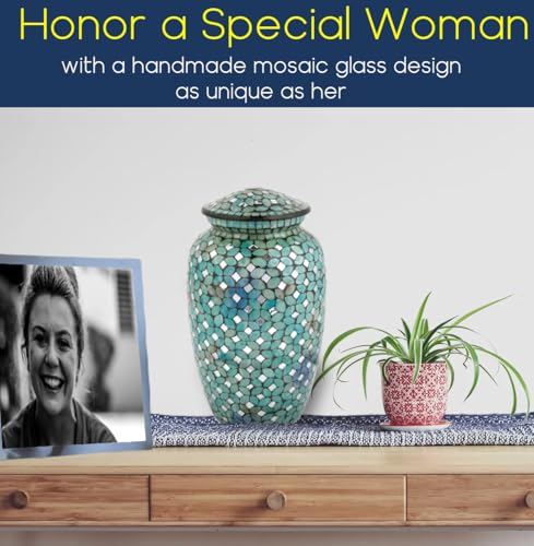 Product: Mosaic Glass Cremation Urn - Hand Made Funeral Urn for Human Ashes - Large Adult Size Burial Urn - Hand Applied Individual Tiles Create a one of a Kind Work of Art - 200 cu in (Blue)