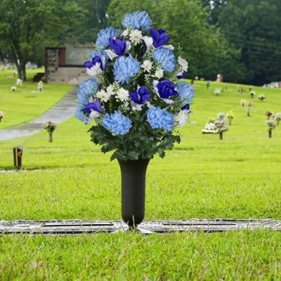 Product: Sympathy Silks Artificial Cemetery Flowers - Gravesite Flowers - Light Blue Mums and Purple Iris - (1) Bouquet (1) Cemetery Vase