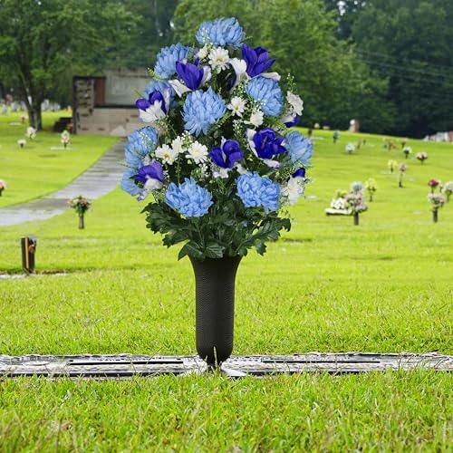 Product: Sympathy Silks Artificial Cemetery Flowers - Gravesite Flowers - Light Blue Mums and Purple Iris - (1) Bouquet (1) Cemetery Vase