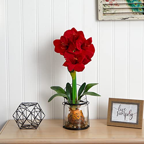 Silky Flower Store Nearly Natural Red Amaryllis Floral Arrangement with Vase, Artificial Crystal Pot Decor, 15 in x 15 in x 24 in 4 4 Product: Nearly Natural Amaryllis with Vase Floral Decor, 24", Red, 15 in x 15 in x 24 in