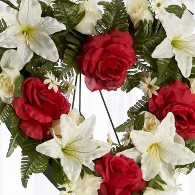 Silky Flower Store Premade Red Cream Silk Flower Heart Cemetery Wreath, Metal Easel Memorial Grave Arrangement, 32.5cm 7 7 Product: Premade Red and Cream Silk Flowers Heart Cemetery Wreath with Metal Easel for Graveside Memorial Day Decoration or Funeral Floral Spray for Mother, Father, Mom, Dad, Sister, Brother or Loved One