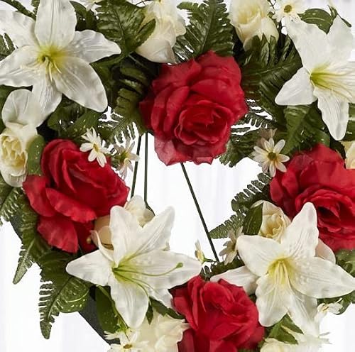 Silky Flower Store Premade Red Cream Silk Flower Heart Cemetery Wreath, Metal Easel Memorial Grave Arrangement, 32.5cm 2 2 Product: Premade Red and Cream Silk Flowers Heart Cemetery Wreath with Metal Easel for Graveside Memorial Day Decoration or Funeral Floral Spray for Mother, Father, Mom, Dad, Sister, Brother or Loved One