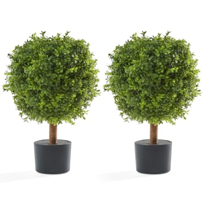 Product: FLORAMUSE Artificial Plants Indoor Outdoor - Set of 2 Topiary Boxwood Trees – 24” High Pre-Potted Faux Trees - Plant Decor for Front Porch Home Office - Topiary Ball