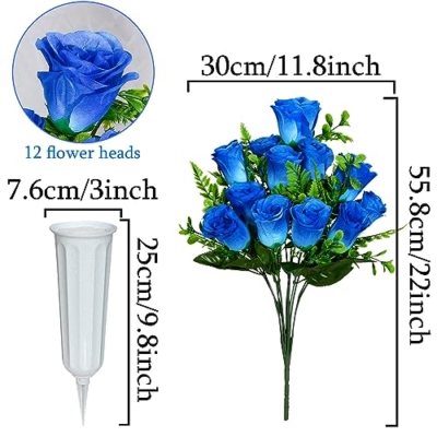 Product: Artificial Cemetery Flowers with Vase, Artificial White Rose Bouquet Grave Memorial Flowers for Cemetery Headstones Decoration, (Set of 2, Blue) Self-assemble