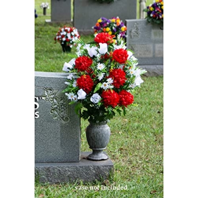 Silky Flower Store Artificial Cemetery Flowers, Sympathy Silks Red Mum White Rose Bouquet, Outdoor Grave Decorations, Non Bleed Colors, 20.5cm 11 11 Product: Sympathy Silks Artificial Cemetery Flowers – Realistic Vibrant Roses, Outdoor Grave Decorations - Non-Bleed Colors, and Easy Fit - 1 Red Mum and White Rose Bouquet