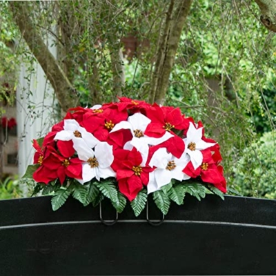 Product: Sympathy Silks Artificial Cemetery Flowers - Christmas Poinsettias - Outdoor Grave Decorations - Red and White Poinsettias Saddle for Headstone