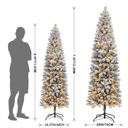 Product: 6FT Prelit Pencil Christmas Tree Artificial Snow Flocked Slim Skinny Christmas Trees with 250 LED Warm White Lights for Christmas Indoor Outdoor Decoration
