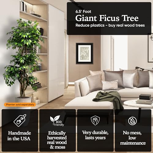 Product: Cypress & Alabaster Handmade 6.5ft 3-Tier Ficus Artificial Tree with Ethically Sourced Real Wood Trunks, Hypoallergenic, 6.5-Foot, Green