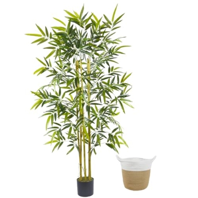 Product: Warmplants Artificial Bamboo Tree, 6ft Tall Natural Bamboo Trunk Fake Greenery Plant with Basket, Indoor Outdoor Large Silk Leaves Faux Tree for Home Office Décor