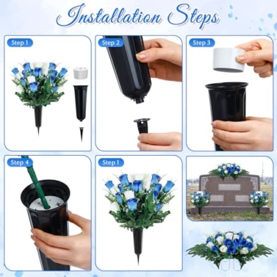 Product: XunYee 3 Pcs Artificial Cemetery Flower Set Cemetery Flowers Saddle Flowers Rose Bouquets with Vase 1 Saddle and 2 Memorial Bouquets for Outdoor Headstone Decor Grave(Blue, White)