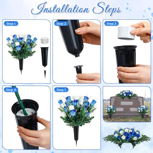 Product: XunYee 3 Pcs Artificial Cemetery Flower Set Cemetery Flowers Saddle Flowers Rose Bouquets with Vase 1 Saddle and 2 Memorial Bouquets for Outdoor Headstone Decor Grave(Blue, White)