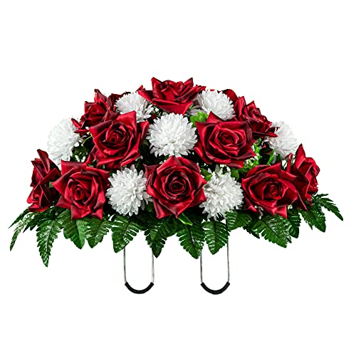 Product: Sympathy Silks Artificial Cemetery Flowers - Realistic - Outdoor Grave Decorations - Non-Bleed Colors, and Easy Fit - Two Tone Dark Red Rose with White Mum Saddle for Headstone