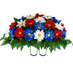 Product: Sympathy Silks Artificial Cemetery Flowers - Realistic - Outdoor Grave Decorations - Non-Bleed Colors, and Easy Fit - Red White & Blue Dahlia Saddle for Headstone