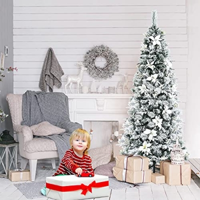 Product: Goplus Snow Flocked Pencil Christmas Tree, 7FT Hinged Artificial Skinny Xmas Tree with White Berries, Poinsettia Flowers and Folding Metal Stand, Perfect for Holiday Indoor Décor