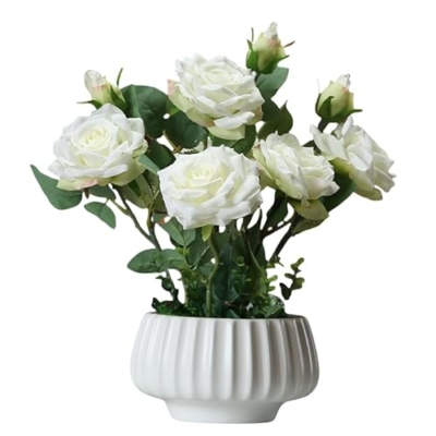 Product: Roses Ceramic Set of Artificial Flowers, Simulation iris Flower Bouquet Indoor Fake Flowers for Desktop vase Wedding Furniture Holiday Decoration (White)