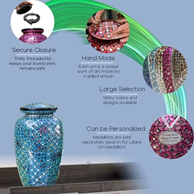 Product: Mosaic Glass Cremation Urn - Hand Made Funeral Urn for Human Ashes - Large Adult Size Burial Urn - Hand Applied Individual Tiles Create a one of a Kind Work of Art - 200 cu in (Blue)