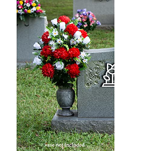 Silky Flower Store Artificial Cemetery Flowers, Sympathy Silks Red Mum White Rose Bouquet, Outdoor Grave Decorations, Non Bleed Colors, 20.5cm 3 3 Product: Sympathy Silks Artificial Cemetery Flowers – Realistic Vibrant Roses, Outdoor Grave Decorations - Non-Bleed Colors, and Easy Fit - 1 Red Mum and White Rose Bouquet