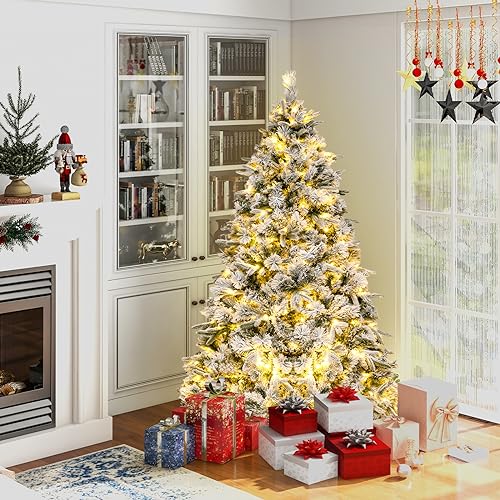 Product: Goplus 6ft Pre-Lit Snow Flocked Artificial Christmas Tree, Hinged Xmas Tree with 250 Warm-White LED Lights, 752 Branch Tips, Pine Needles, for Holiday Party Office Home Decor