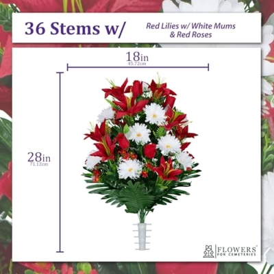 Silky Flower Store Artificial Cemetery Flowers, Gravesite Flowers Red Lilies White Daisies Red Roses Bouquet 1, Sympathy Silks 20cm 10 10 Product: Sympathy Silks Artificial Cemetery Flowers - Gravesite Flowers - Red Lilies with White Daisies and Red Roses - (1) Bouquet