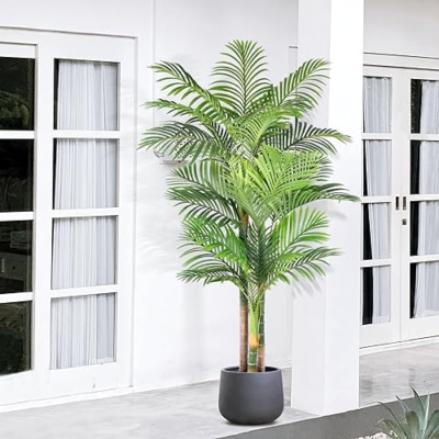Product: 6ft Triple Golden Cane Palm Artificial Tree - UV Resistant Tropical Plant for Indoor & Outdoor Decor
