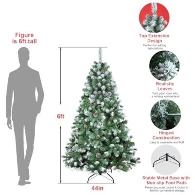 Silky Flower Store Snow Flocked Artificial Christmas Tree, Unlit Flocked Spruce with Pine Cones, 6ft 8 8 Product: Kadunmina 6ft Snow Flocked Artificial Christmas Tree Unlit Snowy Pine Tree for Home Office Holiday Indoor Outdoor Decoration Flocked Spruce Full Tree with 792 Branch Tips, Pine Cones, Metal Base