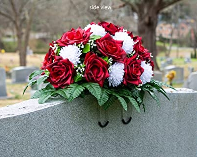 Silky Flower Store Sympathy Silks Artificial Cemetery Flowers, Two Tone Dark Red Rose White Mum Saddle Headstone 20.5cm 12 12 Product: Sympathy Silks Artificial Cemetery Flowers - Realistic - Outdoor Grave Decorations - Non-Bleed Colors, and Easy Fit - Two Tone Dark Red Rose with White Mum Saddle for Headstone