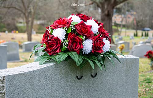Silky Flower Store Sympathy Silks Artificial Cemetery Flowers, Two Tone Dark Red Rose White Mum Saddle Headstone 20.5cm 3 3 Product: Sympathy Silks Artificial Cemetery Flowers - Realistic - Outdoor Grave Decorations - Non-Bleed Colors, and Easy Fit - Two Tone Dark Red Rose with White Mum Saddle for Headstone