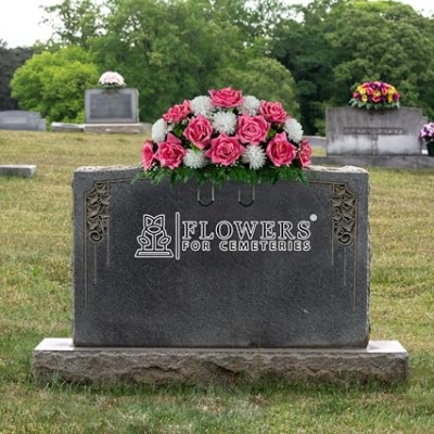 Product: Mother's Day - Artificial Cemetery Flowers Headstone Arrangement - 30" Pink Rose & White Mums Silk Flowers for Outdoor Grave - Decorations