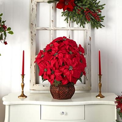 Silky Flower Store Nearly Natural Poinsettia Silk Arrangement, Decorative Planter, Faux Holiday Floral Centerpiece, 35 x 12 x 12 13 13 Product: Nearly Natural 1265 22in. Poinsettia with Decorative Planter Silk Arrangement 35" x 12" x 12"