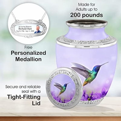 Silky Flower Store Personalized Hummingbird Flower Cremation Urn, Adult Ashes Burial Urn, Velvet Bag, 200lbs, 32.5cm 9 9 Product: Personalized Medallion Hummingbird Flowers Cremation Urns for Adult Ashes Male Female - 200lbs Burial Urns for Human Ashes - Handcrafted Funeral Decorative Urns for Ashes Adult Male with Velvet Bag