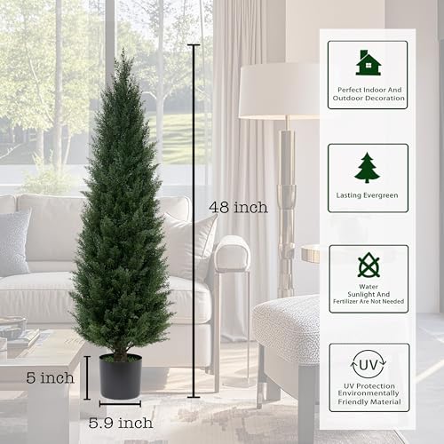 Product: 4FT Artificial Cedar Topiary Trees UV Resistant Potted Plant Set of 2 Faux Pine Trees Fake Shrubs Artificial Plants for Front Porch Garden Indoor Outdoor